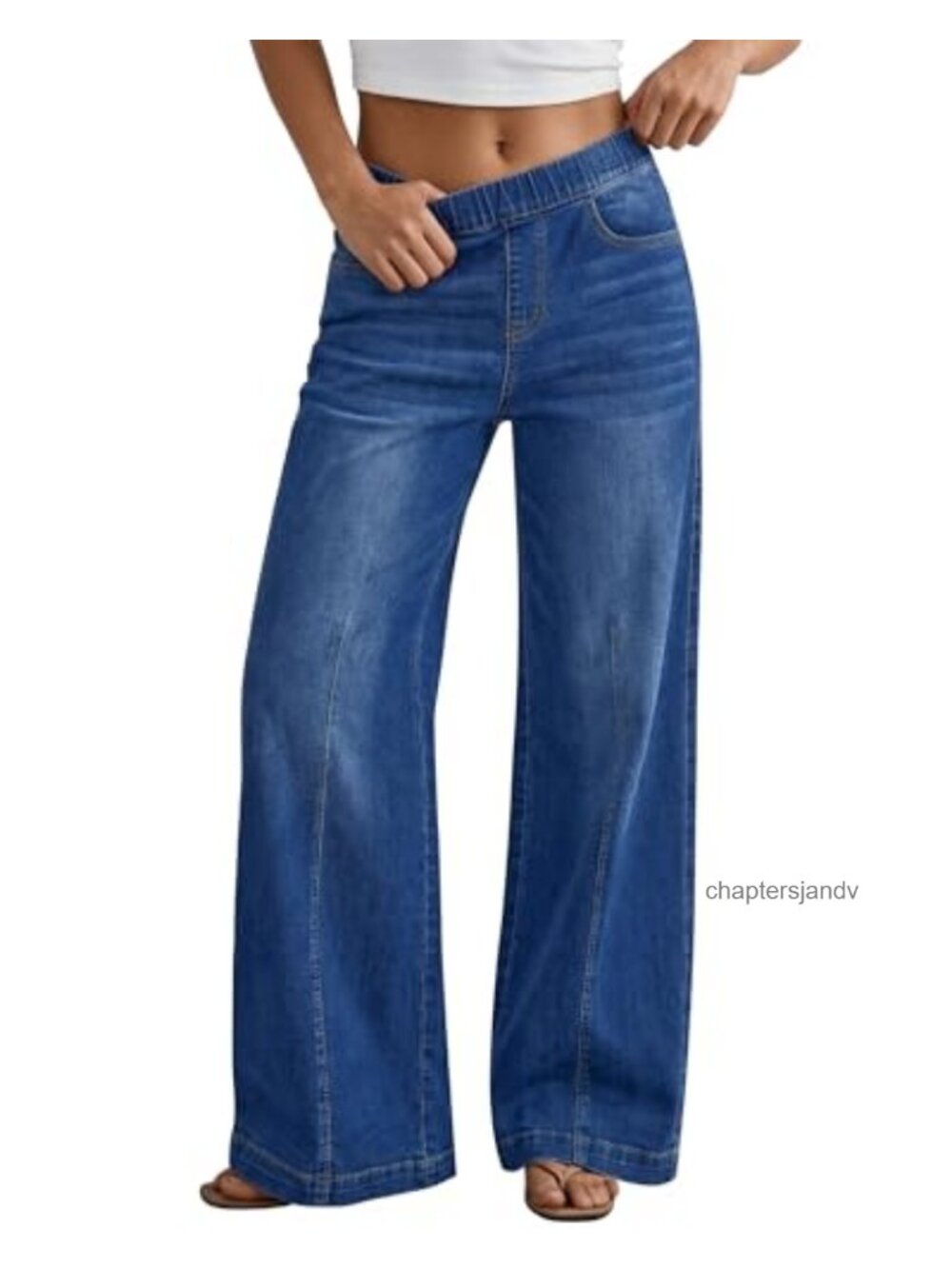 Wide Leg High Rise Pull On Elastic Waist Denim Jeans Stretch Pants Casual